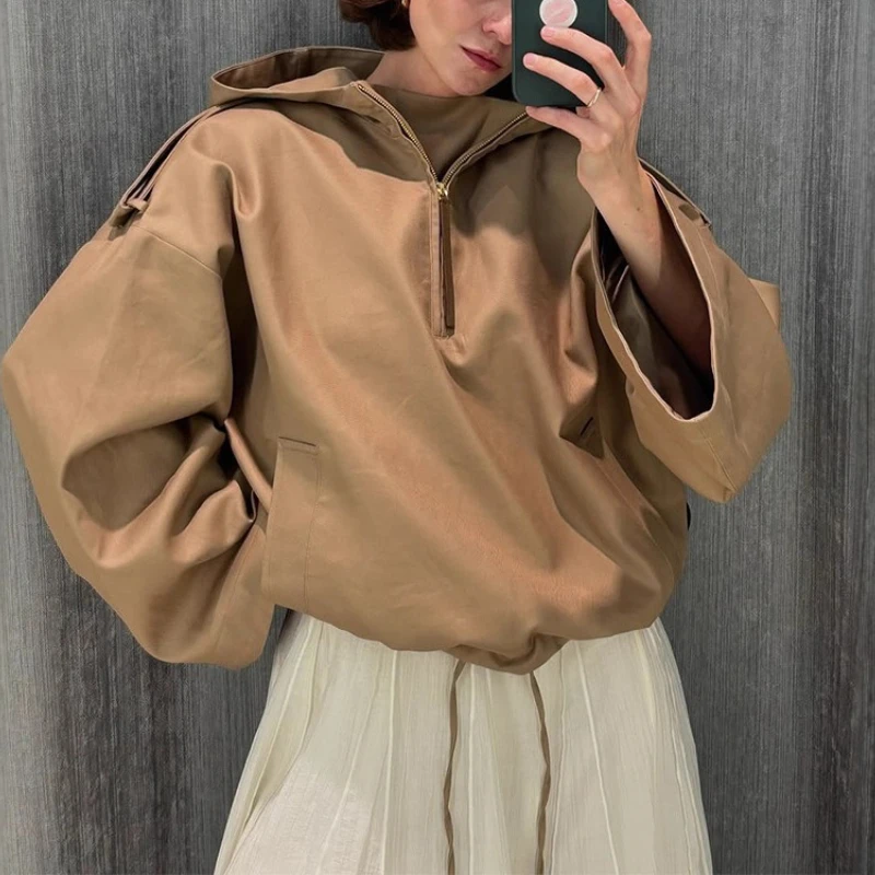 

Casual Solid Color Design Stand Collar Outdoor Hooded Jacket for Women 2026 European and American Style