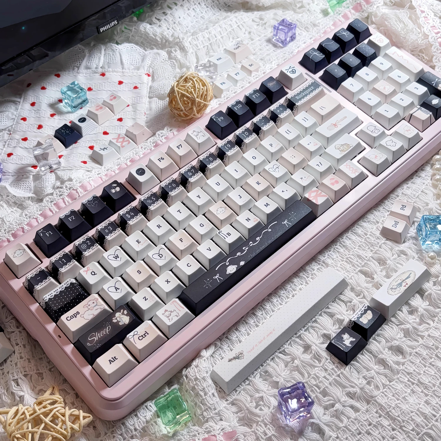 MAIMOOO Lace Lamb Keyboard Keycaps Cherry Profile Black Pink Cute Sheep Keycap PBT Custom Lolita Style Mechanical Key Caps Gifts