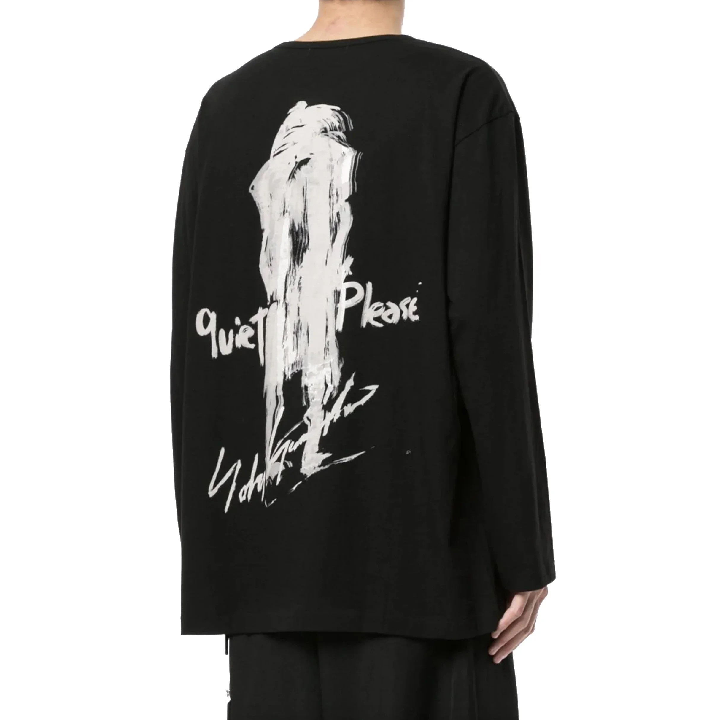 

YOJI OOAK QUIET PLEASE Dyeing Technology Футболка с длинными рукавами и портретом сзади, черная толстовка с круглым вырезом, черная