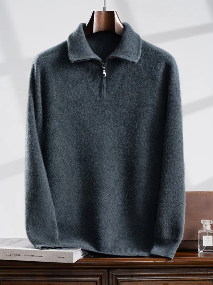 High Quality Men 100% Cashmere Sweater Turn Down Collar Zippers Pullover Autumn Winter Thick Soft Warm Cashmere Knitwear Tops