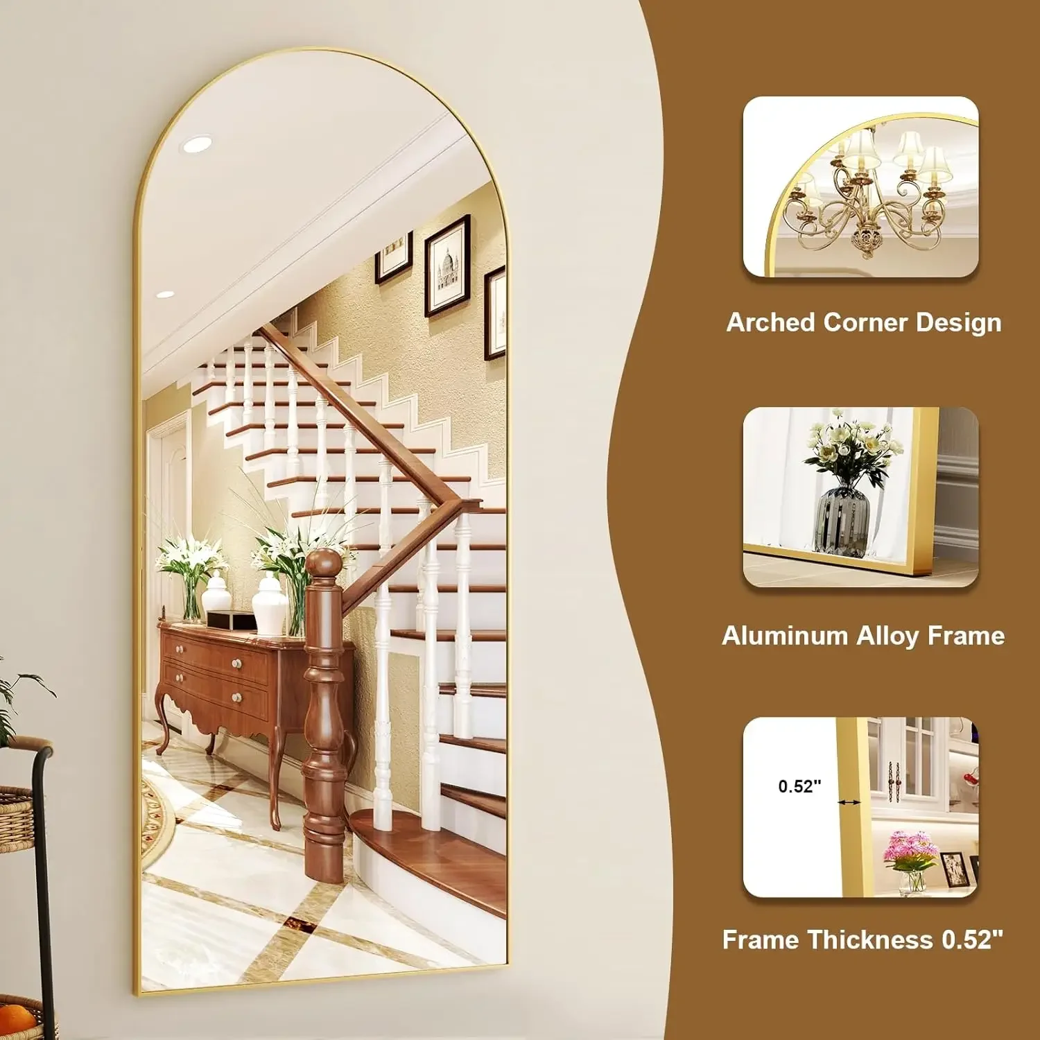 76"x34" Arched Full Length Mirror Free Standing Leaning Mirror Hanging Mounted Mirror Aluminum Frame Modern Simple Ho