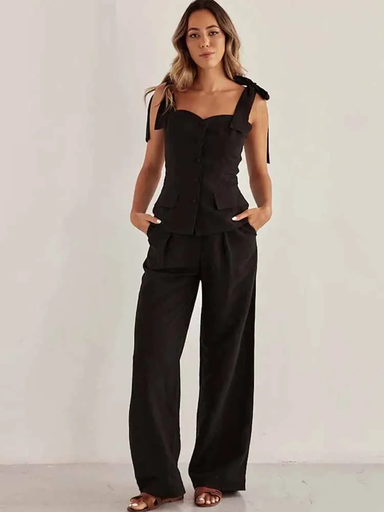 

BKQU Элегантный комплект из двух предметов, женский сексуальный корсет на шнуровке с открытой спиной, топы, свободные карманы, прямые брюки, наряд, женская модная уличная одежда