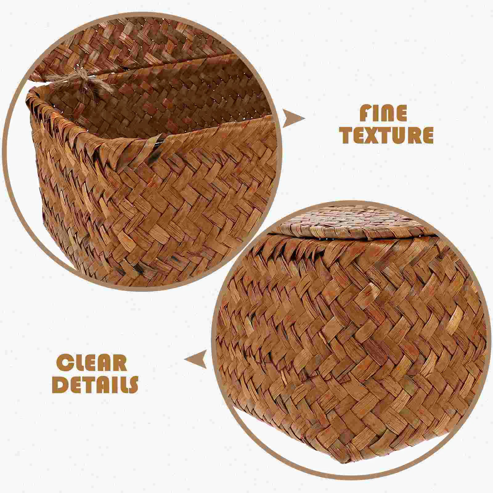 3pcs New Seaweed With Button Woven Basket Straw Woven Debris Desktop Storage Box Hand-woven Storage Basket - Size S, M, L