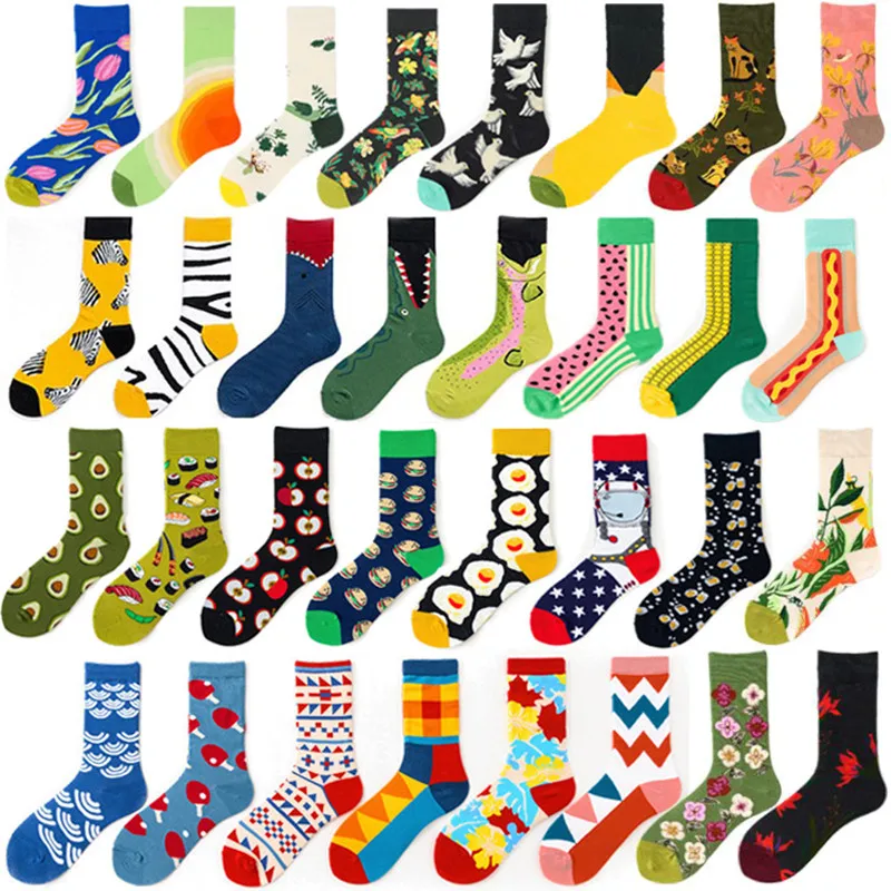 1 Pair Cotton Fashion Women Street Skateboard Happy Socks Lovely Apple Egg Avocado Zebra Print Harajuku Gift  Funny Sox For Girl