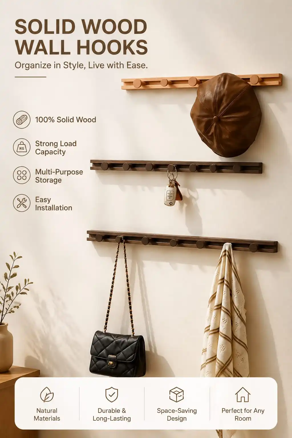Solid Wood Wall-Mounted Coat Rack – Removable, Modular Hallway Clothing Organizer for Entryway