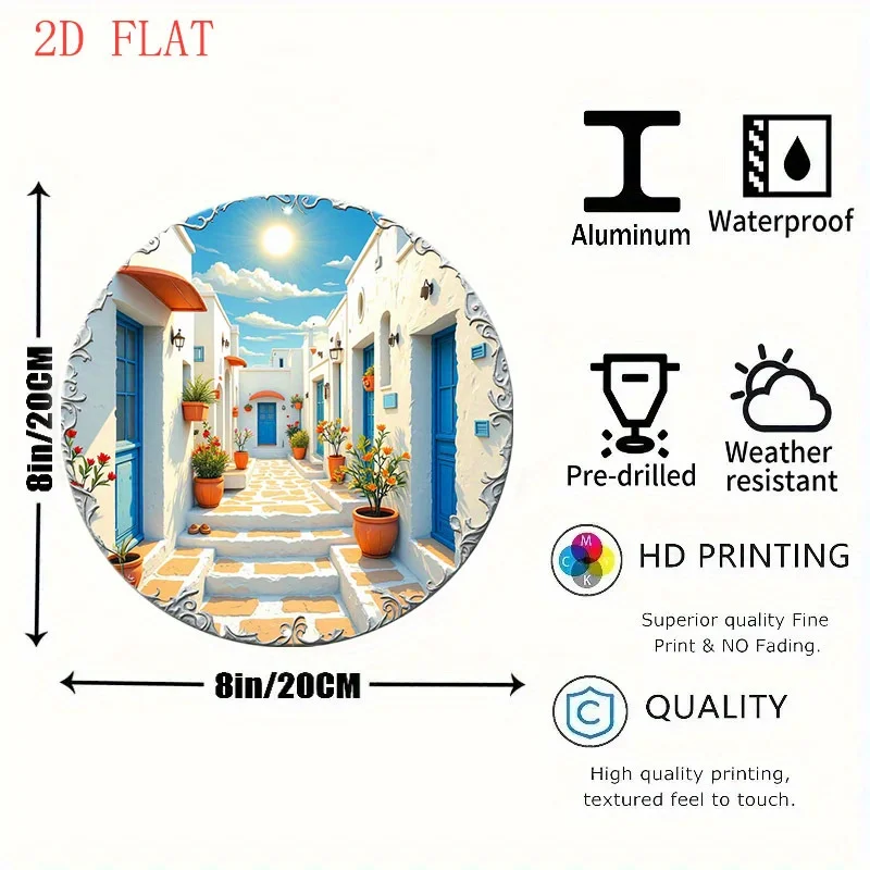1pc Mediterranean Village Wall Art - Greek Island House Painting with Blue Doors & Floral - Scratch/UV/Flame Resistant, Lightwei