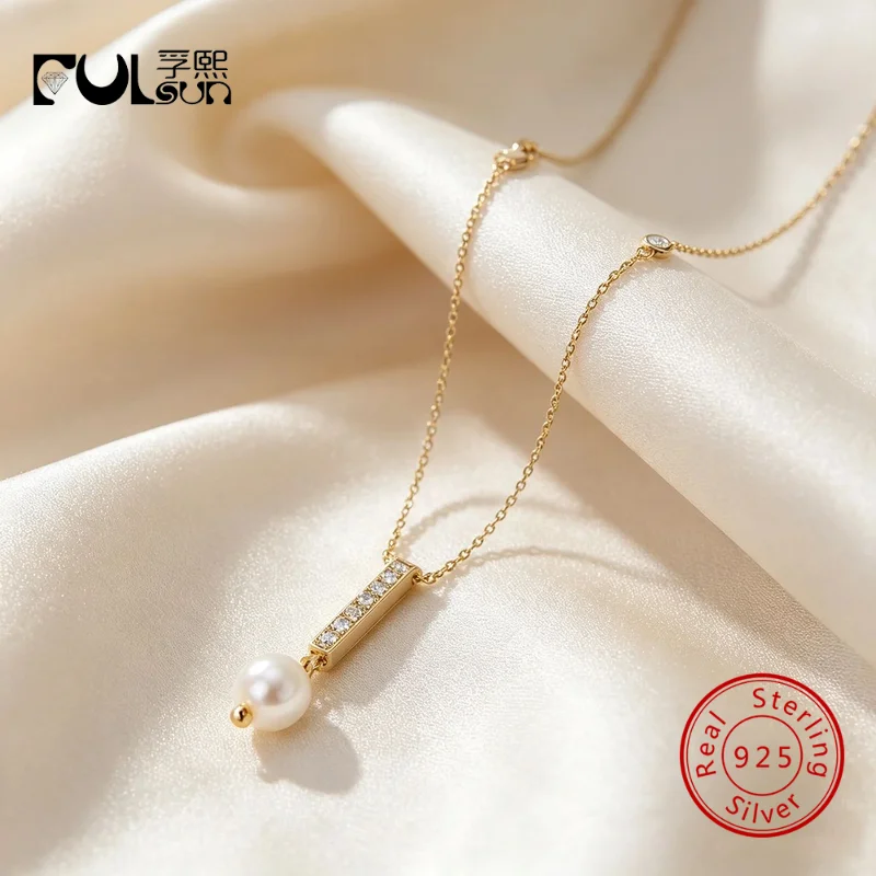 925 Sterling Silver Vertical Bar CZ Accent Freshwater Pearl Pendant Adjustable Cable Chain Necklace Women Layered Daily Jewelry