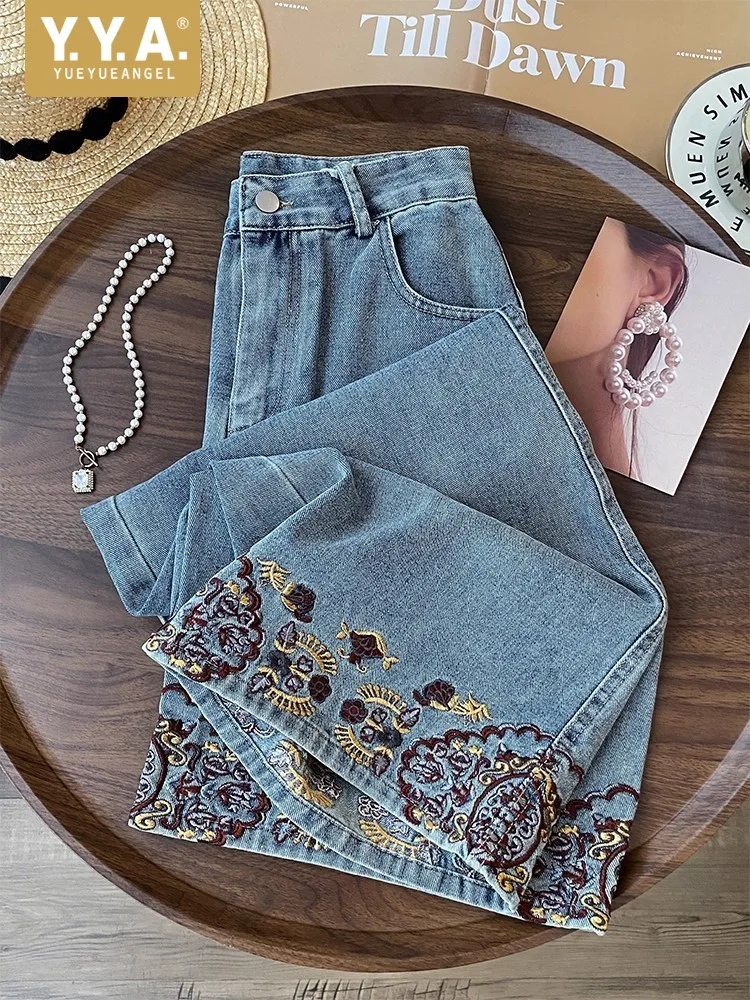 

New Autumn Women Embroidery Wide Leg Denim Pants Loose Fit High Waist Vintage Blue Casual Jeans Streetwear Long Trousers Female