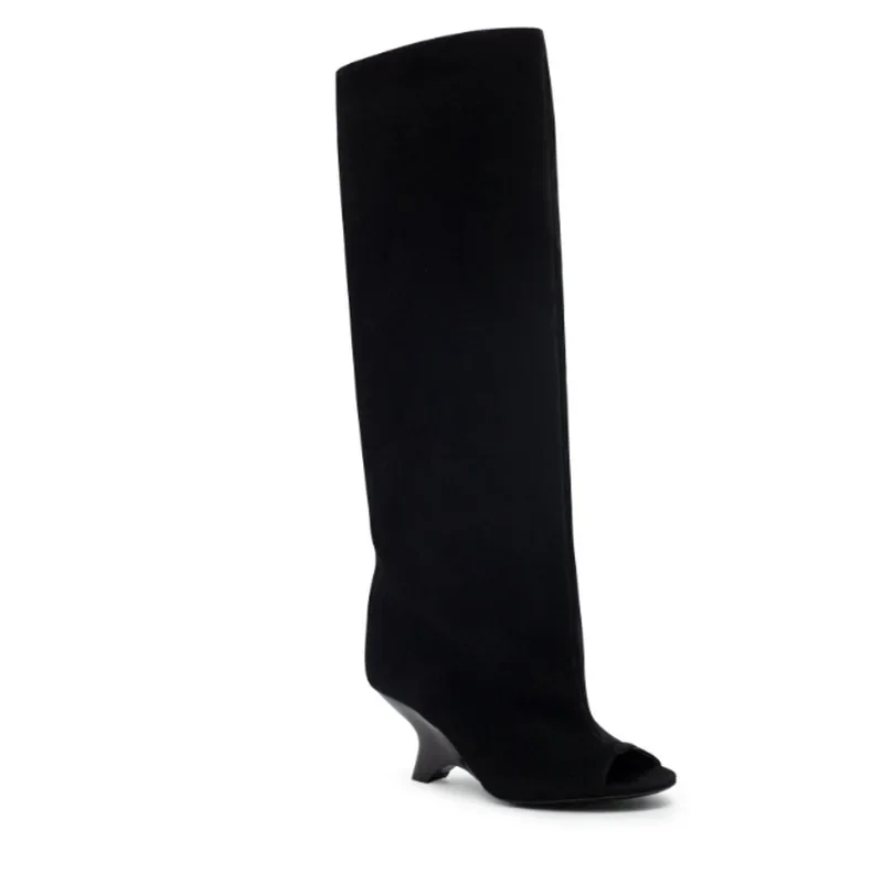 Foreign Trade New Niche Design Fish Mouth Shaped Heel Boots Women\\\'s Fashionable Versatile Cool Boots Tube Long Boots