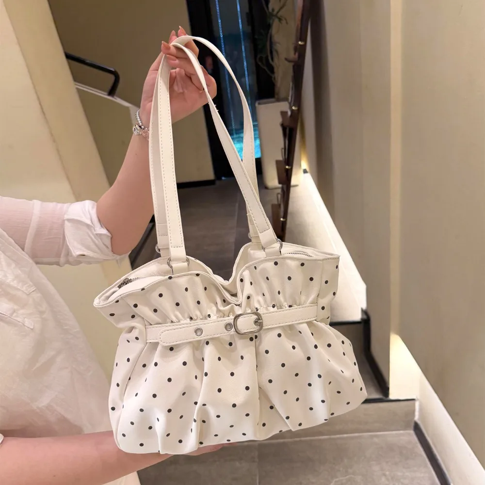 Y2k Polka Dot Tote Bag Shoulder Bags Underarm Bolsa Ruched Bolsos Mujer Fashionable Commuter Bolsas Vintage Shoulder Bag Women