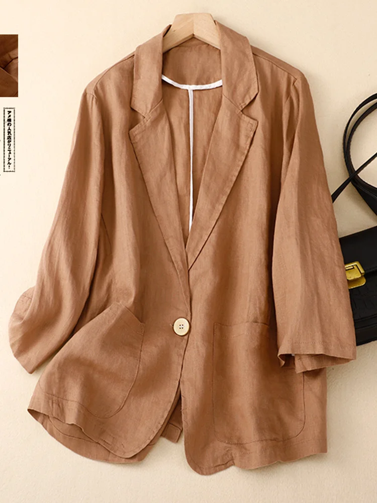 Setelan Linen Katun Longgar Model Jaet Wanita Warna Seven Sve Atasan Kerja Kancing Plaet Mantel Panjang Regular