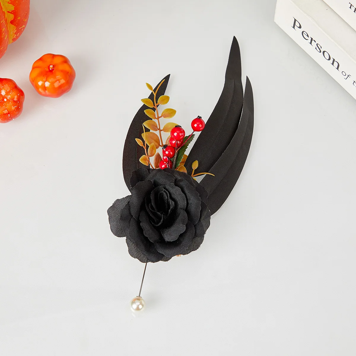 Halloween Black Element Corsage Simulated Flower Feather Banquet Decoration Men Personalized Decorative Brooch Suit Accessories