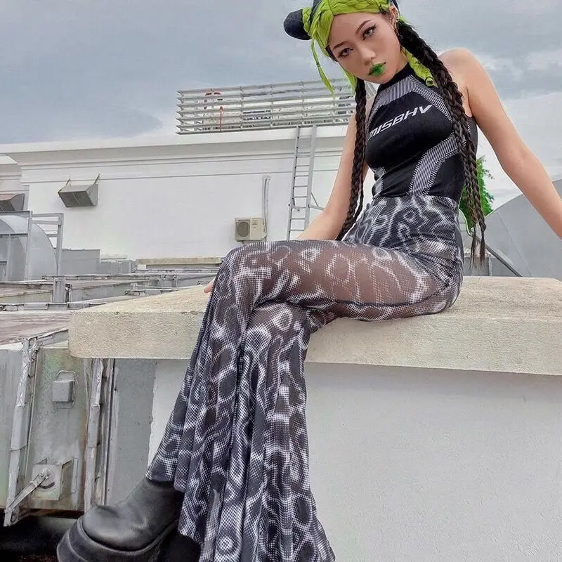 

Брюки Y2K Spicy Girl Me ftone Bell Bot с высокой талией, утягивающие, длинные, уличный стиль, летние, тонкие, с вырезами, из нейлона и полиэстера