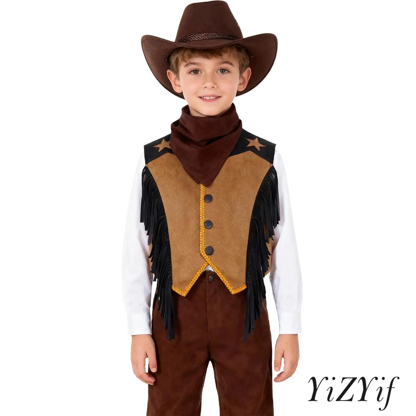 

Kids 3 Pieces Western Cowgirl Costumes Fringed Gold Webbing Vest Waistcoat+Big Brim Drawstring Cowboys Hat+Paisley Bandana