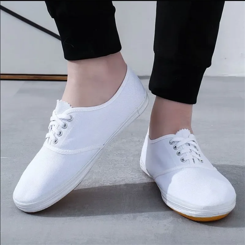 White Women\'s Flat Shoes Soft-bottomed Sneakers Canvas Soft Shoes Non -slip Martial Arts Shoe Lace -up Leisure Feminine Shoes