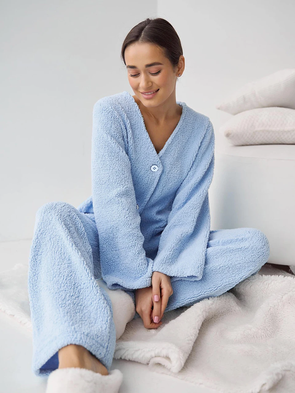 Linad Blue Pajamas For Women 2 Piece Sets Loose V Neck Long Sleeve Sleepwear Pockets Female Casual Trouser Suits Autumn 2023