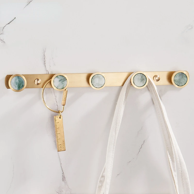 Light Luxury Brushed Brass Clothes Hanger, Colorful Shell, Copper Entrance Clothes Coat Hooks, Non-punch Towel Storage Rack