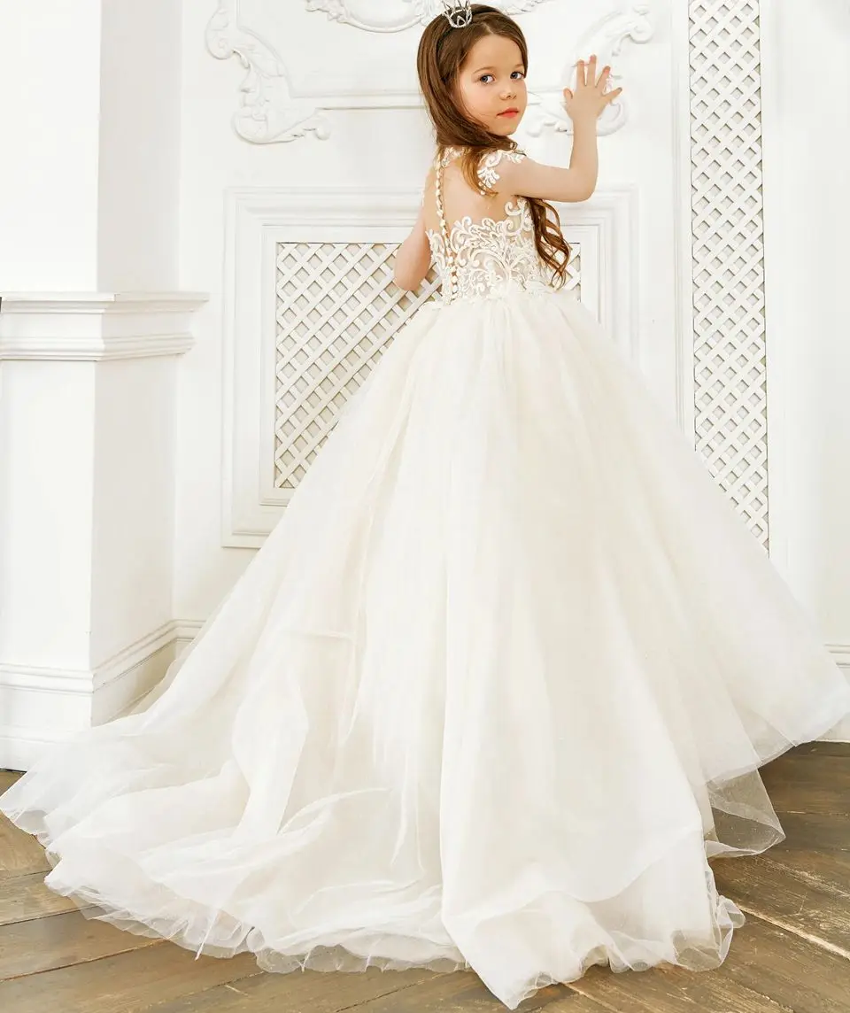 Elegant คอแขนกุดดอกไม้สาวชุดสําหรับงานแต่งงาน 2023 เจ้าหญิงภาพลวงตา Appliques วันเกิด PARTY First Communion Gowns