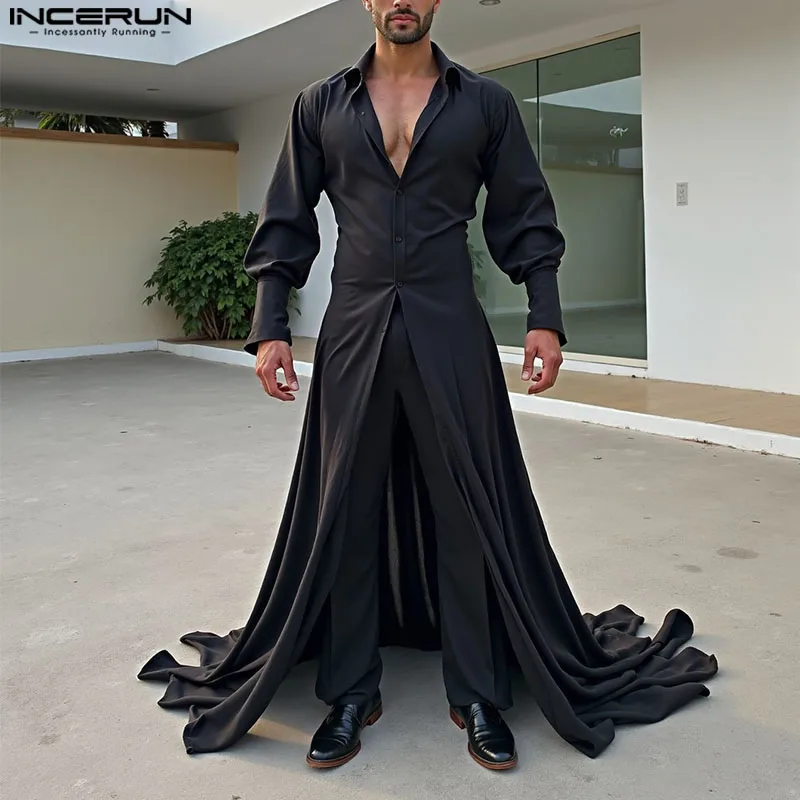 INCERUN Men Long Style Shirt Cardigan Solid Color Lapel Long Sleeve Loose Dress Male Shirts Streetwear 2025 Fashion Men Clothing
