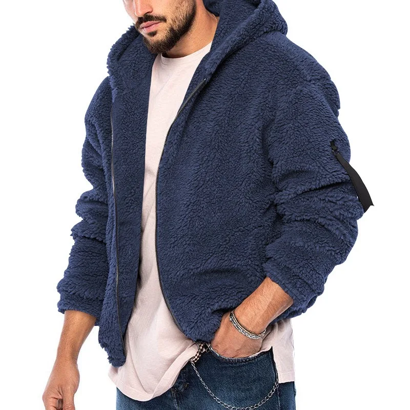 Herren Winter Reißverschluss Fleece Kapuzenjacke Vintage Casual Streetwear Lose Einfarbig Hoodie mit Taschen Freizeit Mode Mantel – Detail 7