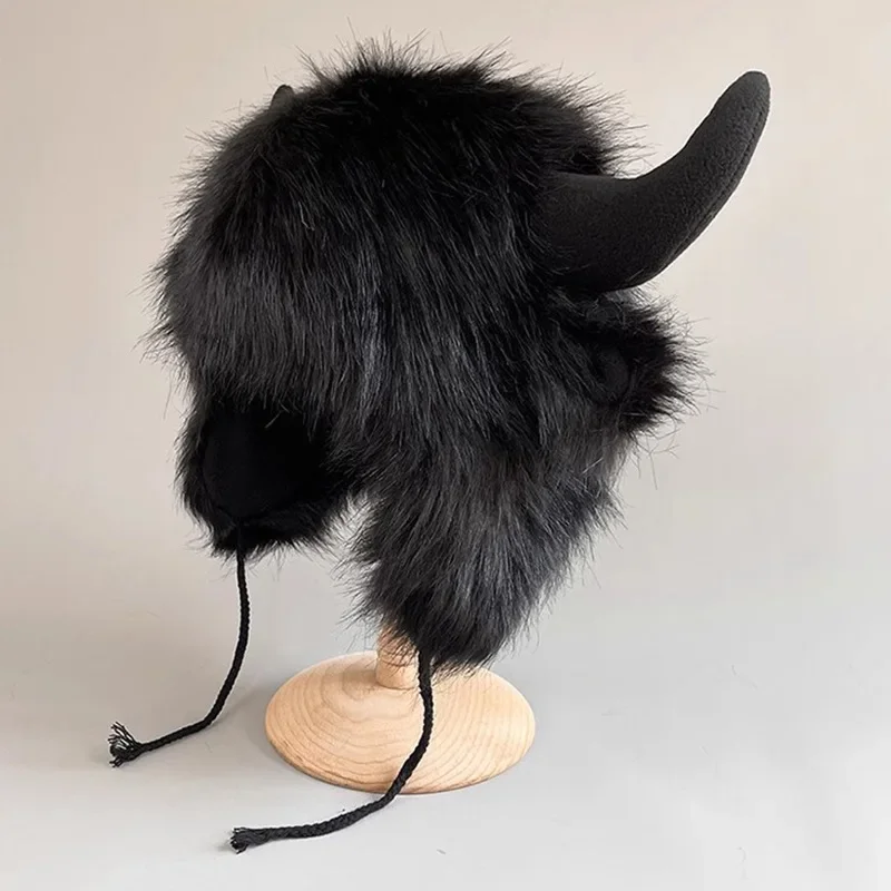 Funny Cow Horn Pullover Hat Winter Thickened Warm Fur Hat Cute Ear Bomber Hat Ear Protection Women Men Cosplay Accessories