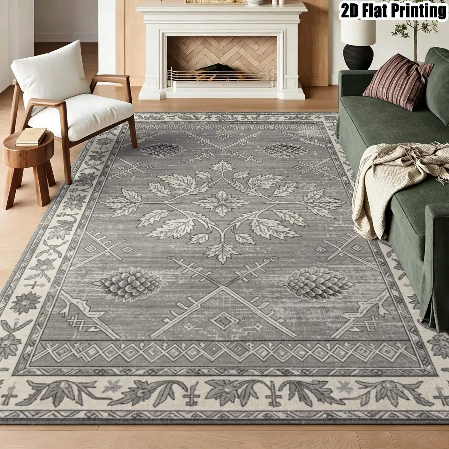 1Pc 2D Printed Nordic Vintage Geometric Carpet with Blue-Grey Pinecone & Plant Patterns, Machine Washable, Multi-Size for Home Decoration, Entrance, Dining, Bedroom, Living Room