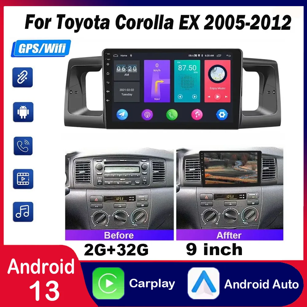 

Android 13 Car Stereo Upgrade Radio for Toyota Corolla EX 2005-2012 9'' HD Touch Screen with Wireless CarPlay & Android Auto