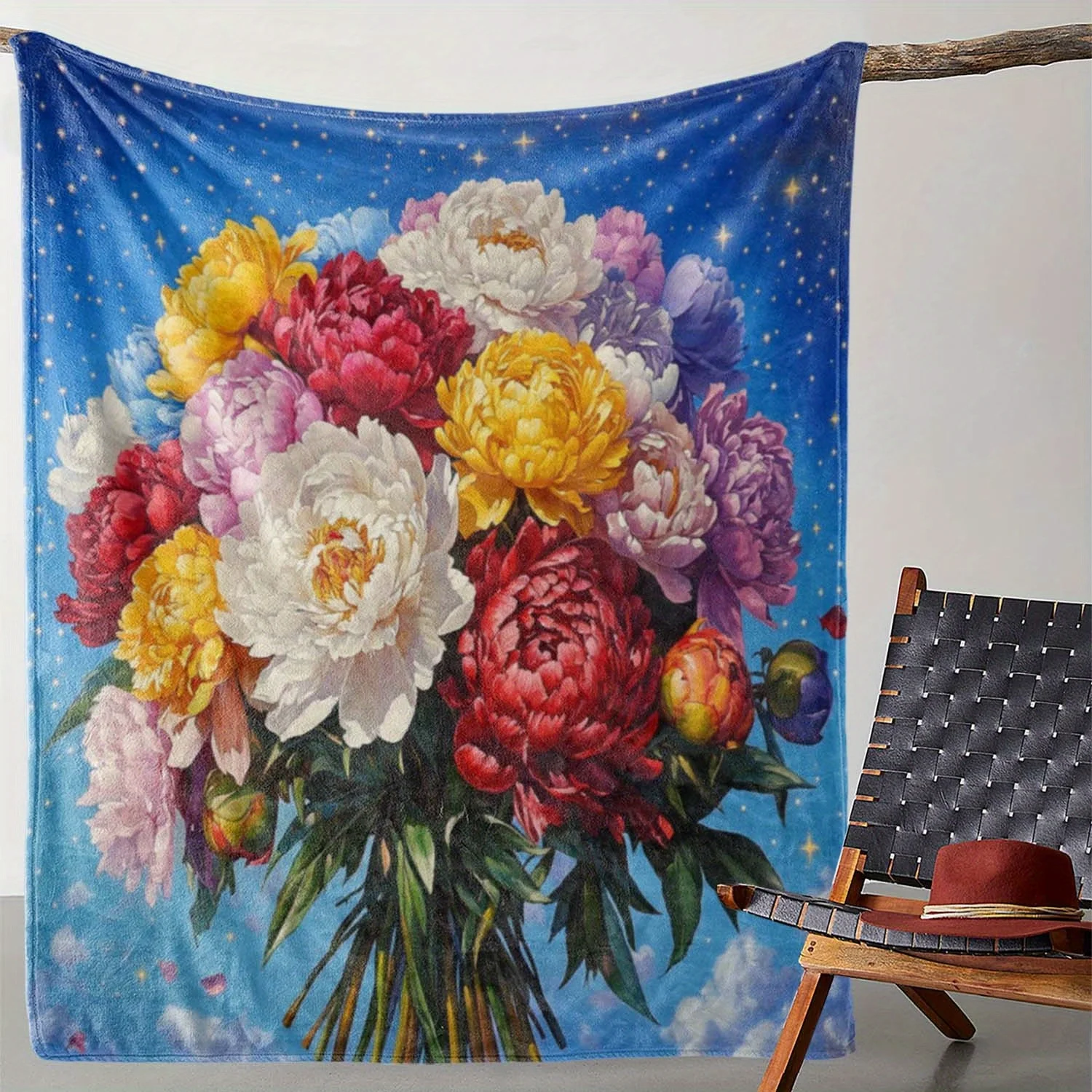 Vintage Floral Print Throw Blanket - Warm, Comfortable, Soft Polyester Flannel with Vibrant Mixed Color Flowers