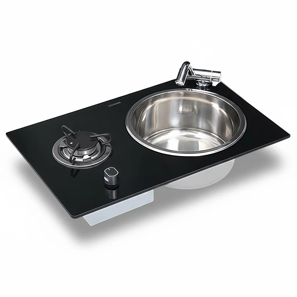 

RV Gas Stove Sink Combo, 580x345x130mm Stainless Steel Integrated Burner Cooktop with Tempered Glass Lid, for Caravan