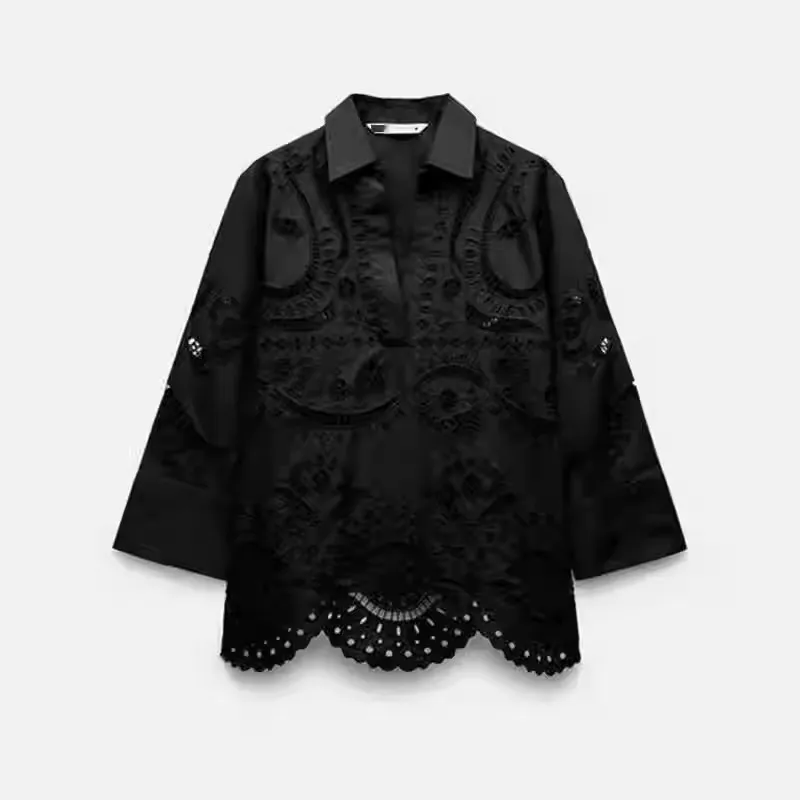 Faionable Hollow Embroidery irts Summer 2024 V-ne Casual Loose Fit Nine-point Sve Stand Pattern Pure Color orts