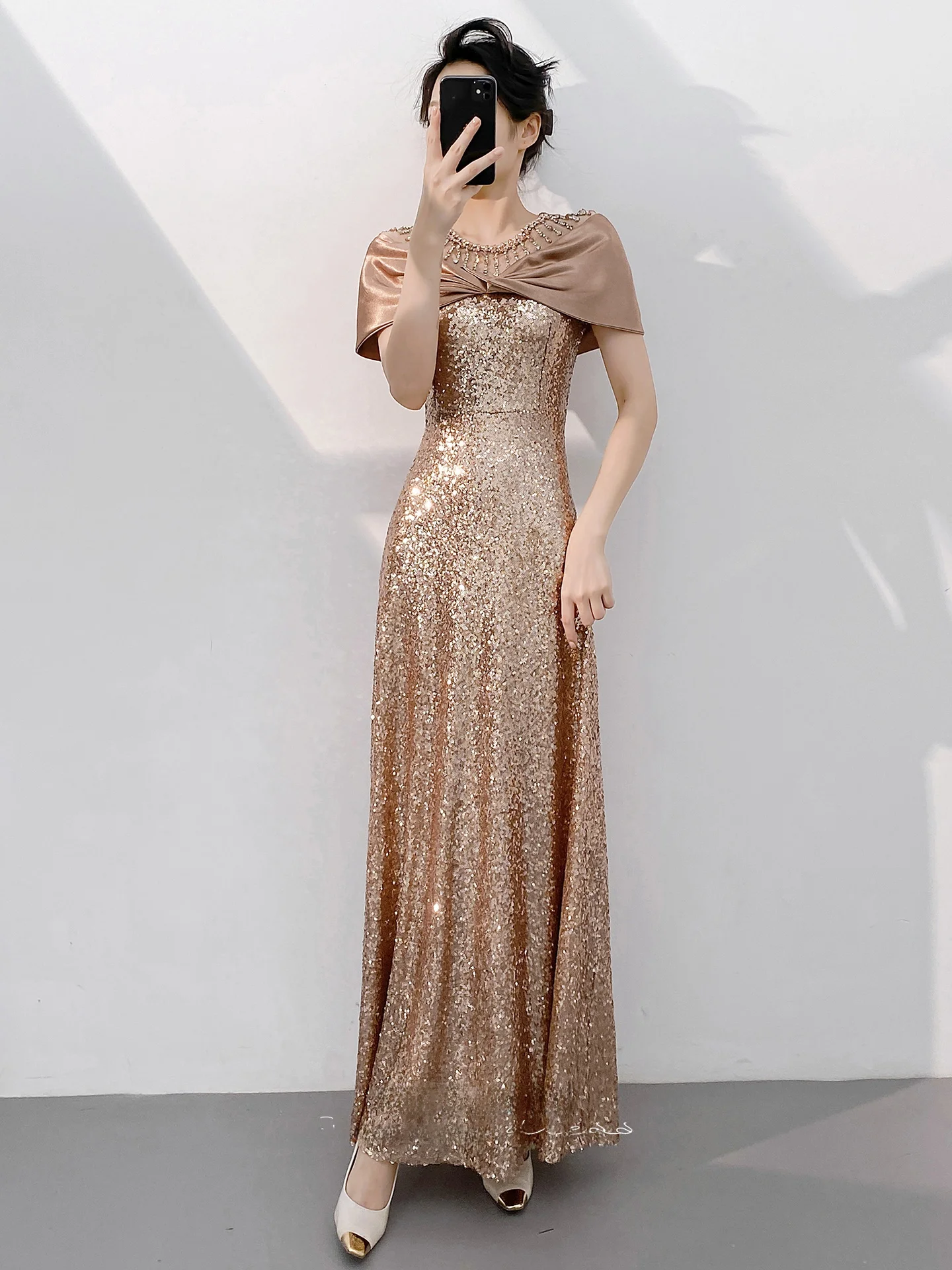 

Exquisite Women's Evening Gown Sparkling Sequin Host Year End Par Dr Ele Rose Gold Faionable mid Waist a Line S...