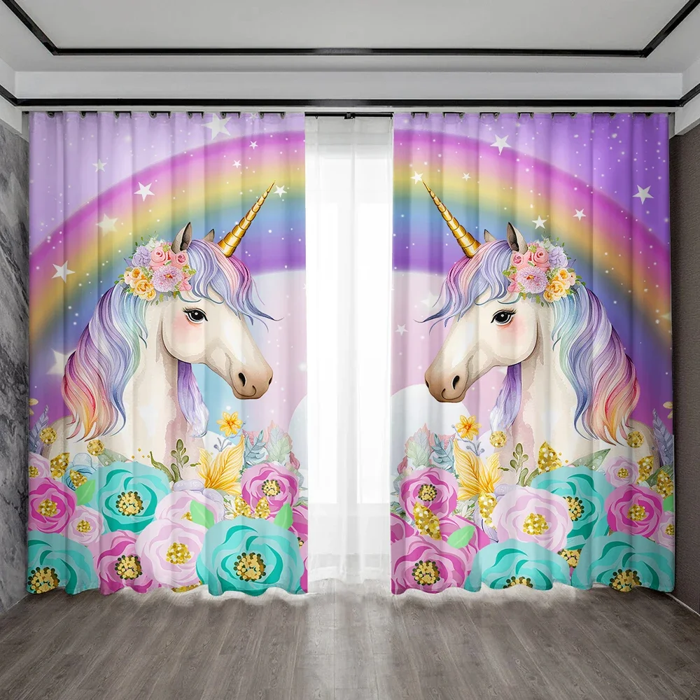 2PC Home Decoration Curtains Colorful Unicorn With Pole Bag Curtains Kitchen Coffee Shop Living Room Balcony Garden