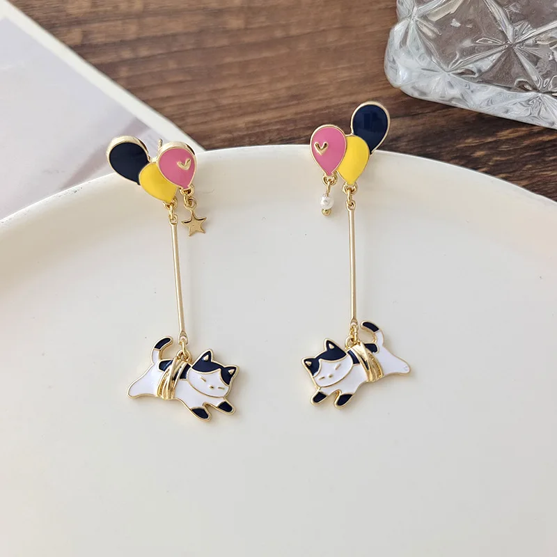Nette Emaille Katze Ballon Stud Ohrringe für Frauen Koreanische Trendy Schöne Kaninchen Blume Asymmetrische Quaste Ohrring Partei Schmuck – Detail 2