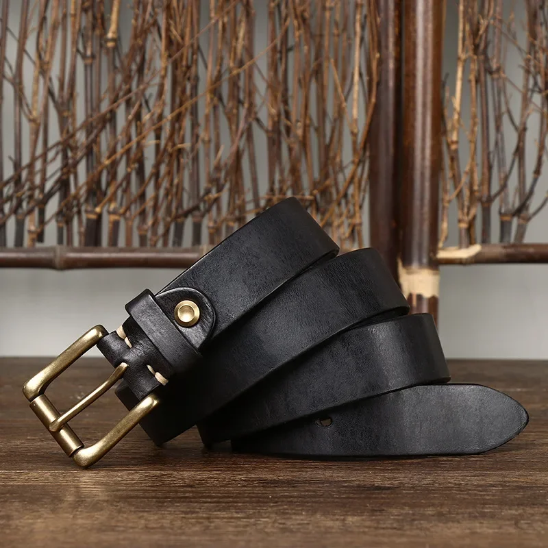 Cinturones de cuero genuino de vaca puro para hombres y mujeres, correa de marca, hebilla de latón para hombres, Jeans, diseñador de lujo, 3,3 CM
