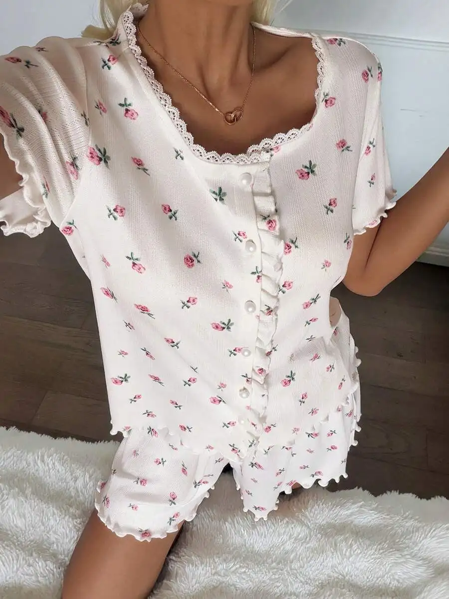 

Sweet Ditsy Floral Frill Trim Short Sleeve Pajama Set For Women