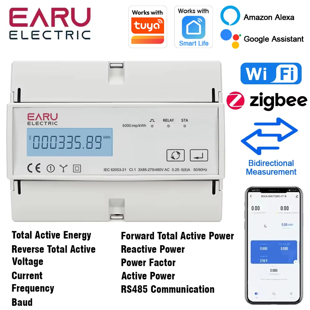 EARU Three Phase AC 220V 480V Tuya WiFi ZigBee RS485 Smart Bidirectional Monitor Current Voltage kWh PV Solar Power Energy Meter