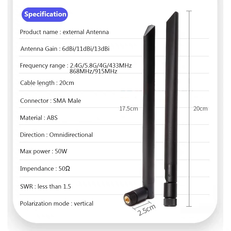 2pcs 10dBi 433MHz 868MHz 915MHz GSM 4G 2.4G 5.8G WIFI Antenna SMA Male Universal Antennas Amplifier WLAN Router Singal Booster