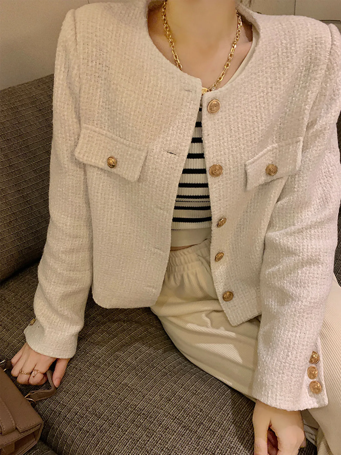 French Wool Tweed Coat Fashion High-end Gold Button Short Slim Temperament Spring And Autumn Korean Coats Women New