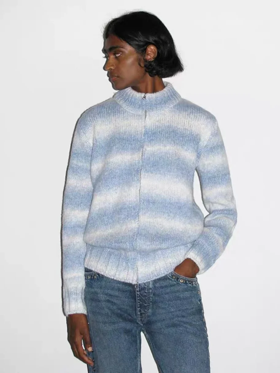 

Paloma шерстяной повседневный вязаный длинный женский топ на молнии в сине-белую полоску, мягкий осенний костюм в стиле ретро для поездок на работу