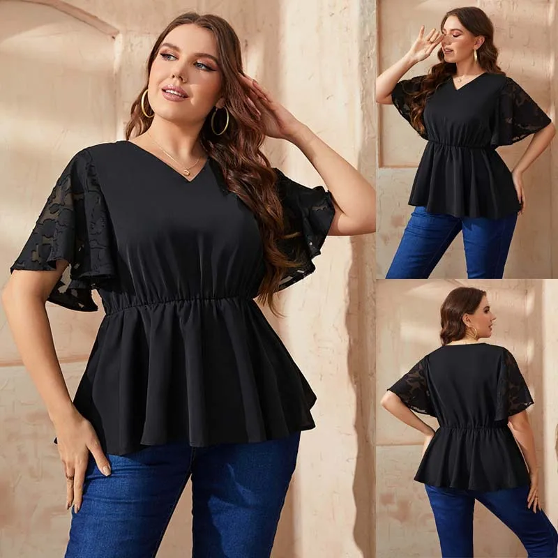 

Summer Large Size Women's T-Shirt V Neck Tops 4XL Short Sleeve Slim Fit Original Design Lace Shirt Ladies Fashion