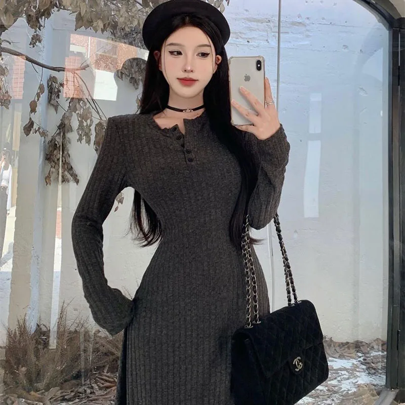 Winter Korean Fashion Dresses Women 2024 New Thicken Slim Elastic A-Line Dress Woman High Waist Long Sleeve Inner Wear Dresses