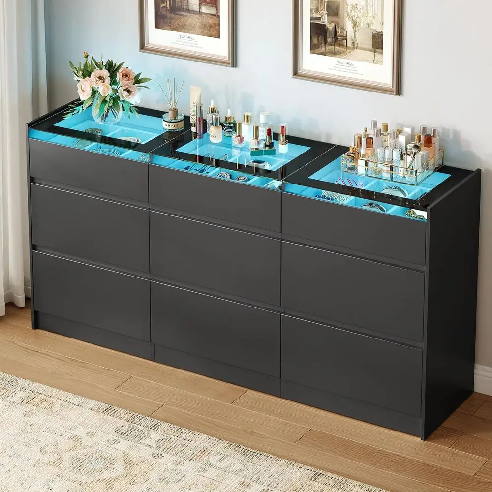 

9 Drawer Dresser with Glass Top and LED Lighting, Modern Chest of Drawers for Bedroom and Closet Storage