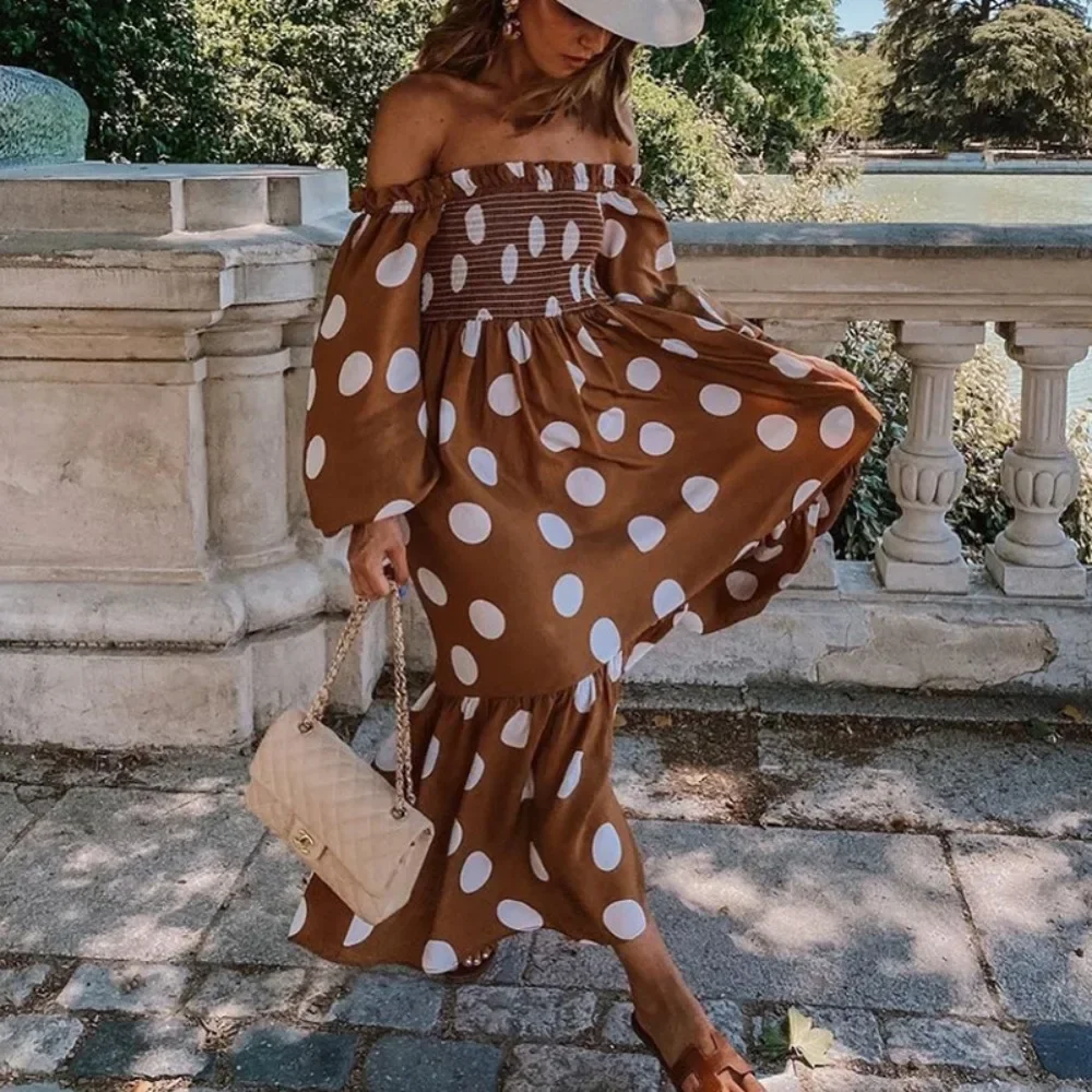 Women Loose Off Shoulder Long Sleeve Print Maxi Dress Tube Top Wrap Style Relaxed Fit Soft Breathable Flattering Comfy Daily