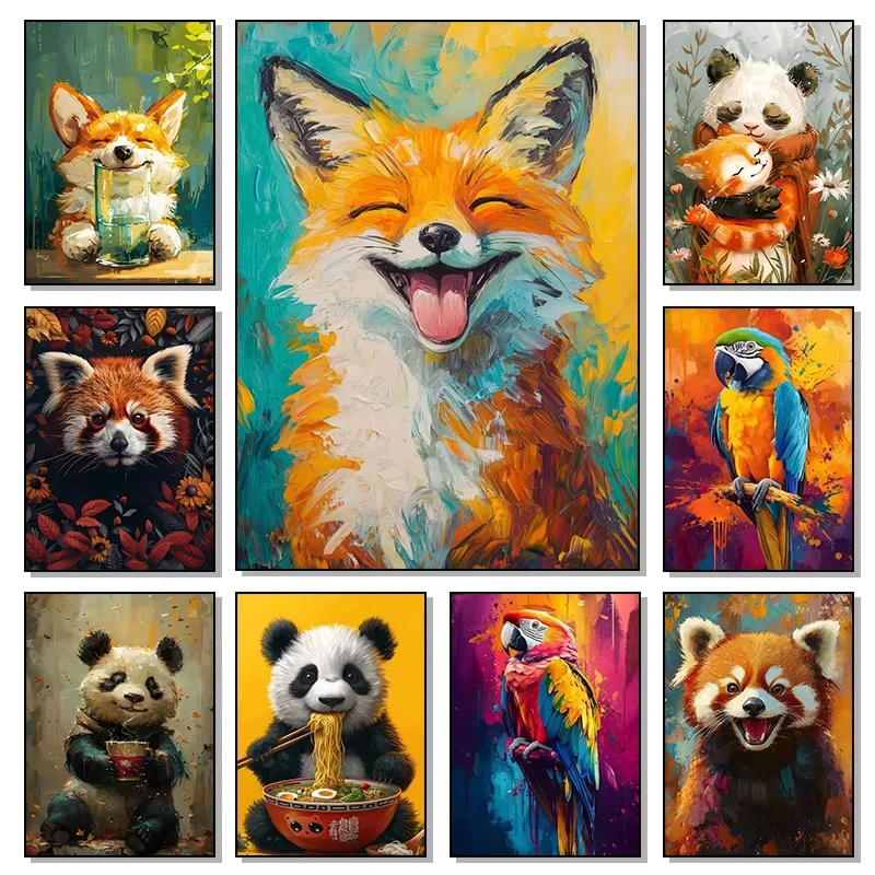 Panda isst Ramen, Pferd, Waschbär, Wolf, Fuchs, Tier, Papagei Poster, Diamantmalerei, Wohnzimmer, Schlafzimmer, Küche, Wandkunst, Heimdekoration