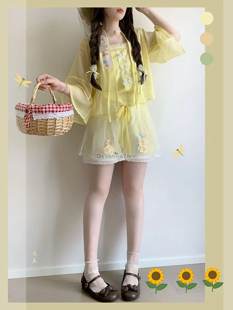 New chinese style women martial arts style retro stand collar vest loose casual skirt tulle shirt suit jk hanfu
