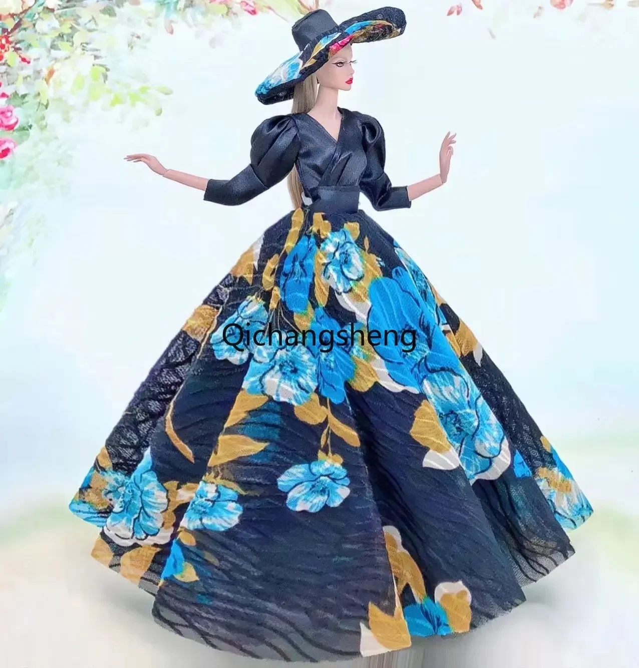 

1/6 BJD Black Blue Puff Sleeve Evening Dress For Barbie Doll Clothes Floral Gown Hat Princess Outfit 11.5" Dolls Accessories Toy