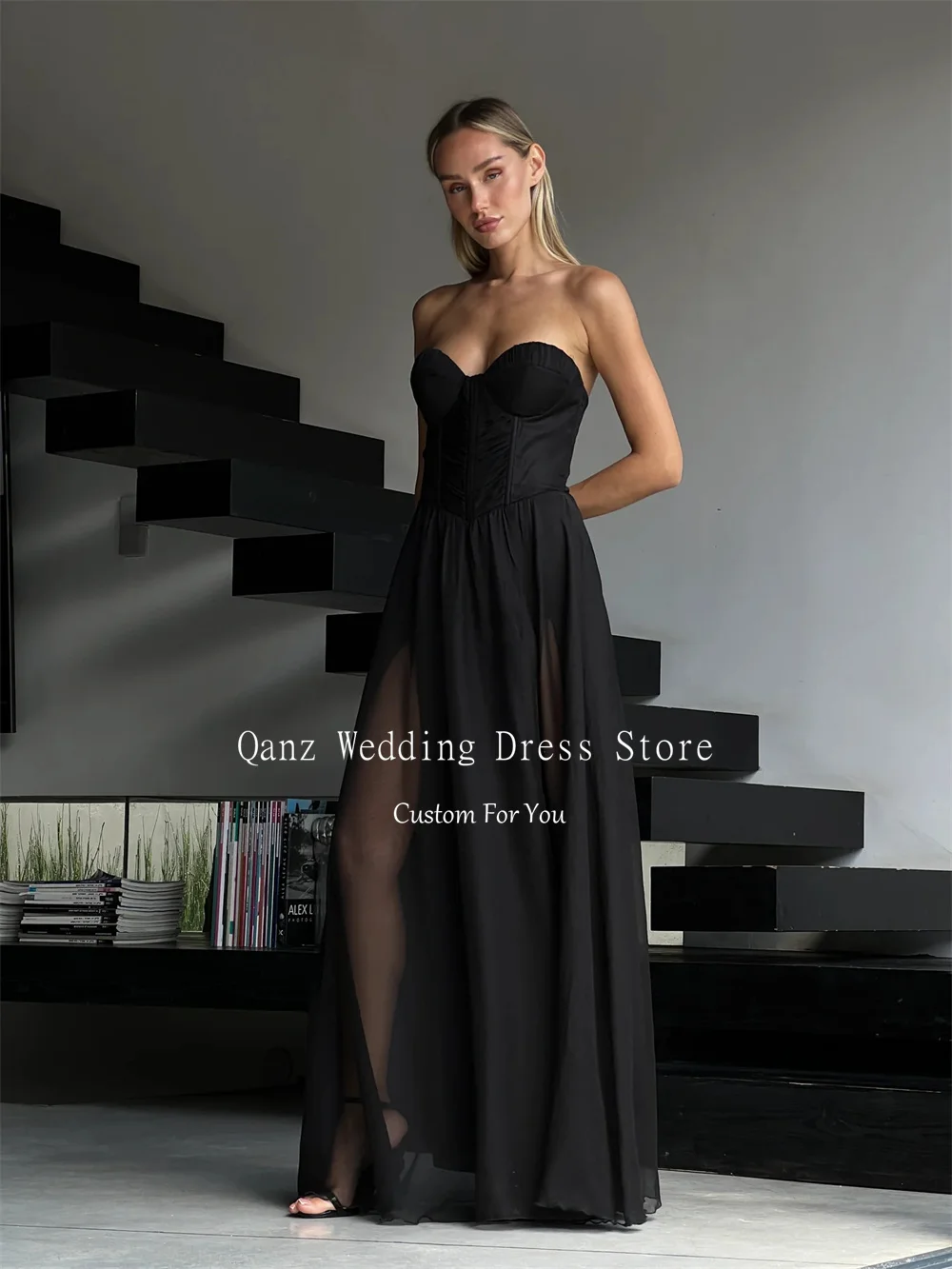 Qanz Black Illusion Evening Dresses Sweetheart Chiffon Vestidos De Fiesta Lace Up Back Tobe Soiree élégante Dubai Customized