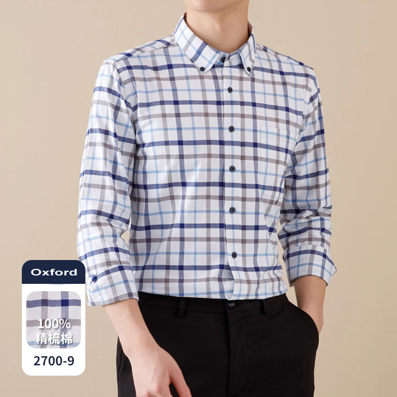 100% Cotton Oxford Long Sleeve Men Casual Shirt Plaid Shirt for Man Casual White Checkered Male Clothing Solid Print Easy Care