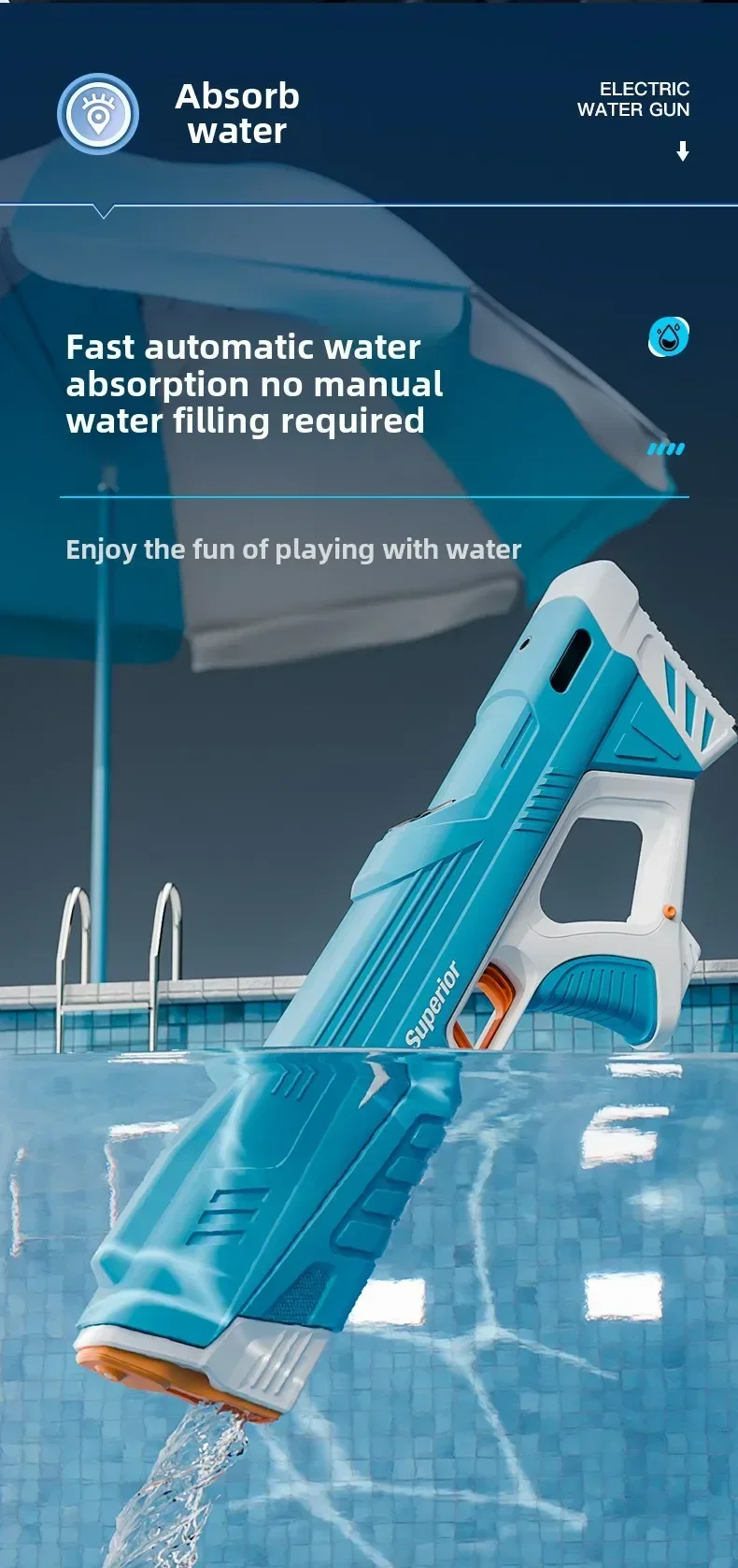 Neue Kinder Elektrische Wasserpistole Großhandel Automatische Wasser Absorption Batterie DisplayGroße Kapazität Jungen Wasser PlayToyWaterGun – Detail 4