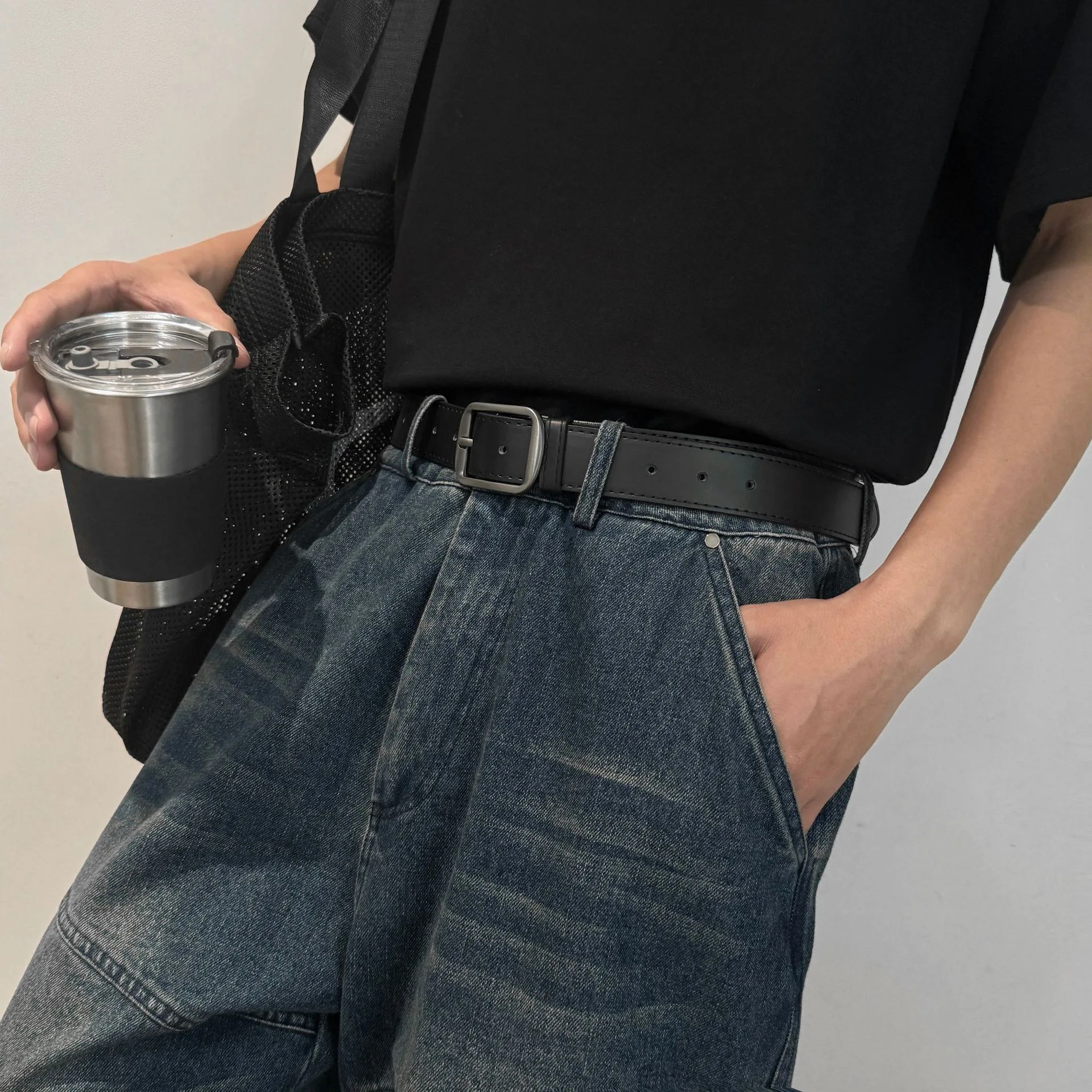 Modischer quadratischer Dornschließen-Gürtel im minimalistischen Slim-Fit-Stil, Punk-Millennial-Metallschnallengürtel, hochwertig, echt, lässig, vielseitig einsetzbar – Detail 7